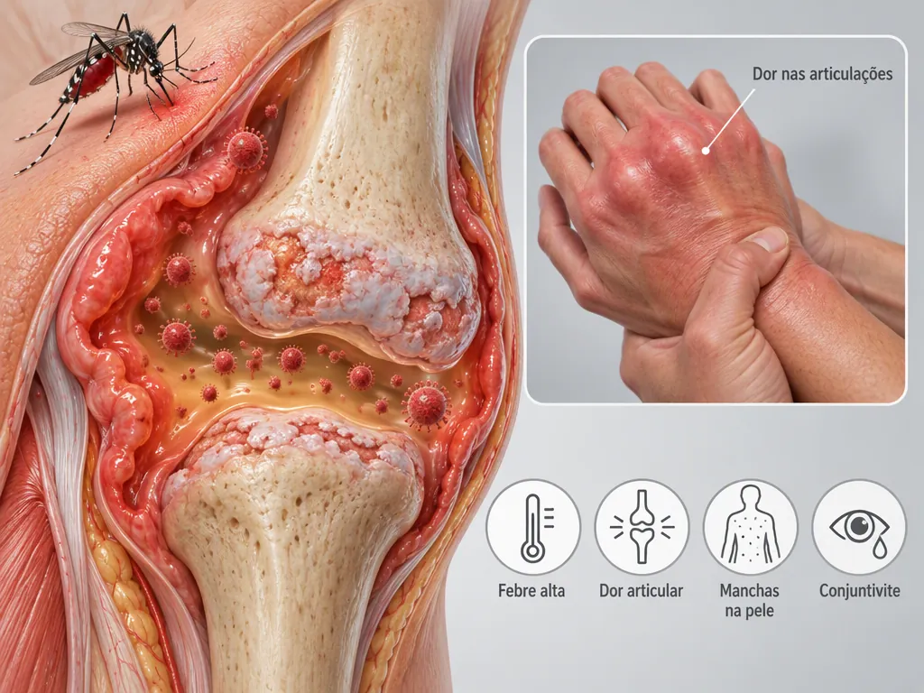 Ilustração médica de um joelho em corte com a membrana sinovial inchada e partículas do vírus, um mosquito no canto superior, com recorte de mãos com as articulações inflamadas e quatro ícones de febre alta, dor articular, manchas na pele e conjuntivite