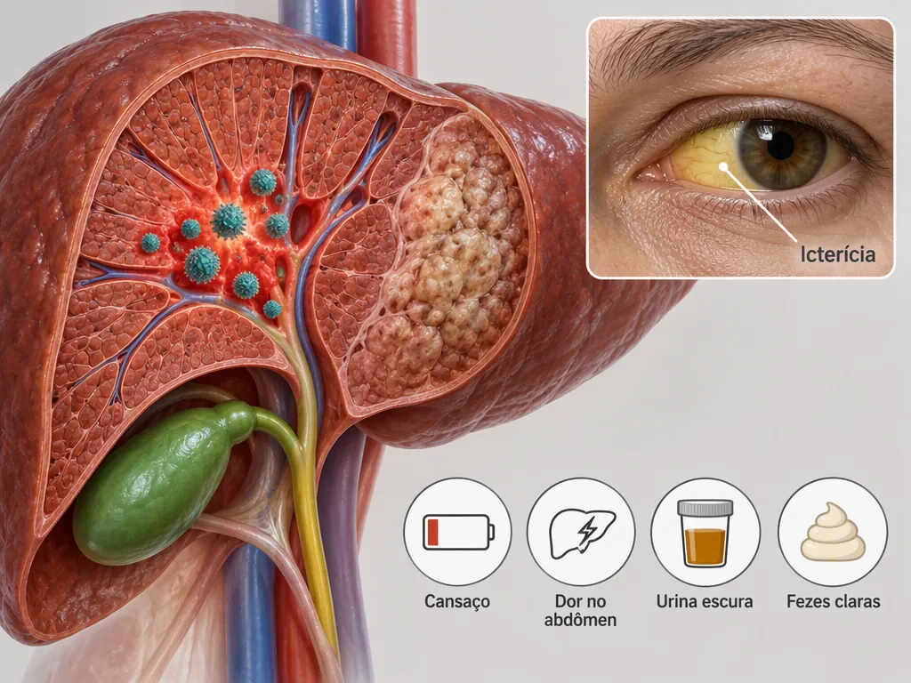 Ilustração médica de um fígado em corte com uma área inflamada, partículas virais e a vesícula biliar embaixo, com recorte de um olho com a esclera amarelada e quatro ícones de cansaço, dor no abdômen, urina escura e fezes claras