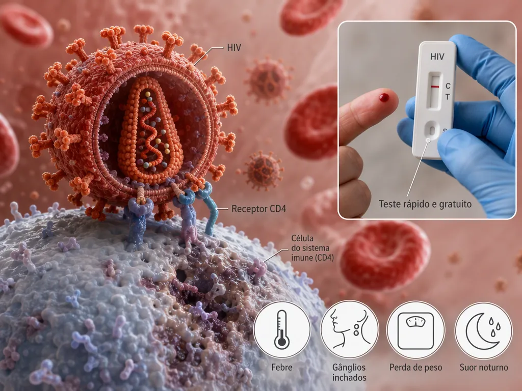 Ilustração médica de um vírus HIV em corte aderido ao receptor CD4 de uma célula de defesa, com recorte de uma mão com luva azul segurando um teste rápido ao lado de uma gota de sangue no dedo e quatro ícones de febre, gânglios inchados, perda de peso e suor noturno