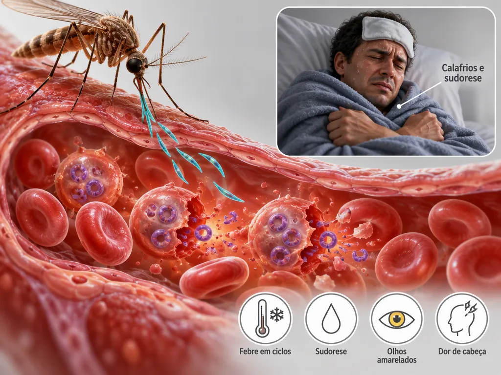 Ilustração médica de um mosquito Anopheles injetando esporozoítos num vaso onde hemácias infectadas se rompem, com recorte de uma pessoa tremendo de calafrios sob a coberta e quatro ícones de febre em ciclos, sudorese, olhos amarelados e dor de cabeça